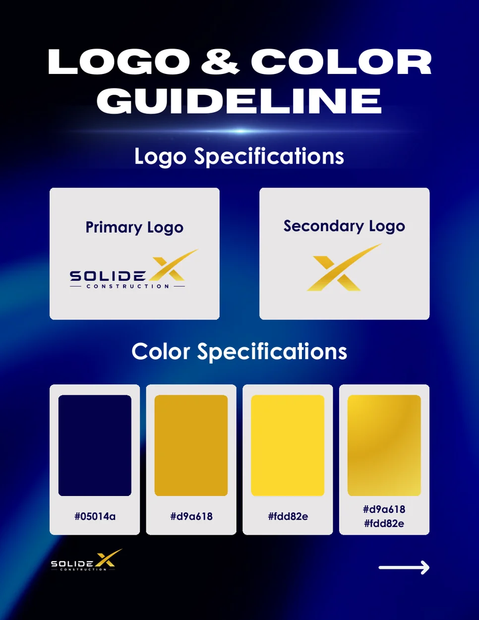 SolideX primary and secondary logos with navy and gold colour specifications