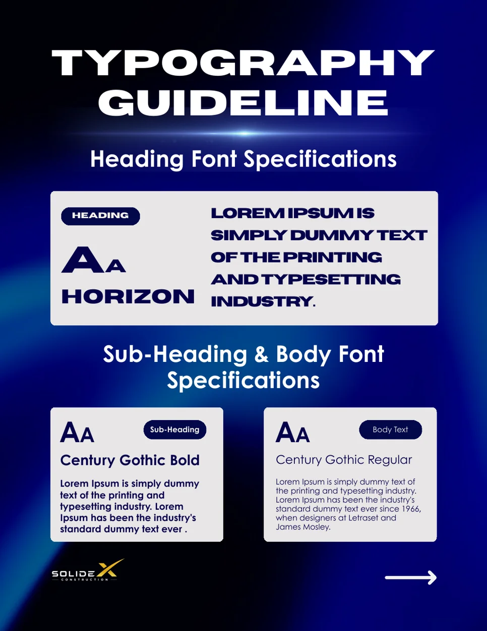 Horizon and Century Gothic type specifications for SolideX
