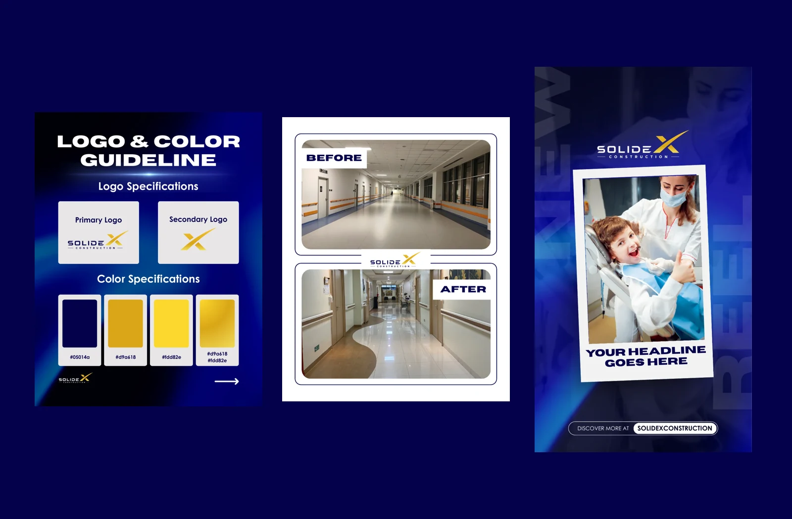 SolideX Construction navy and gold identity guidelines and reusable social layouts